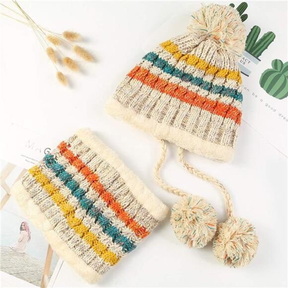 Women Winter Beanie Hat Circle Scarf Set Beige - Picture 2 of 7